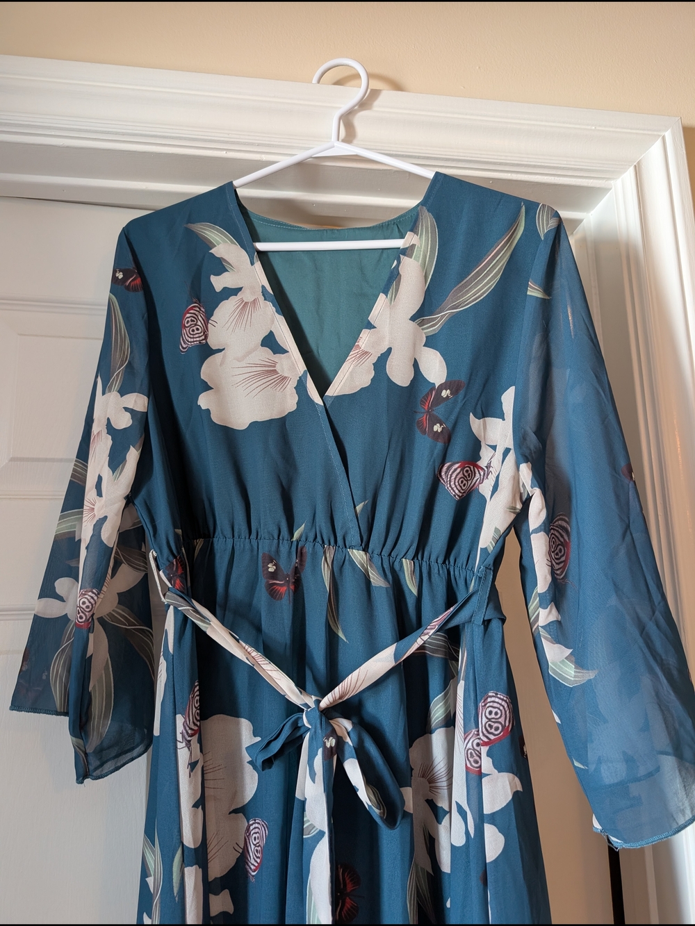 Teal Floral High-Low Wrap Dress with Tie Waist